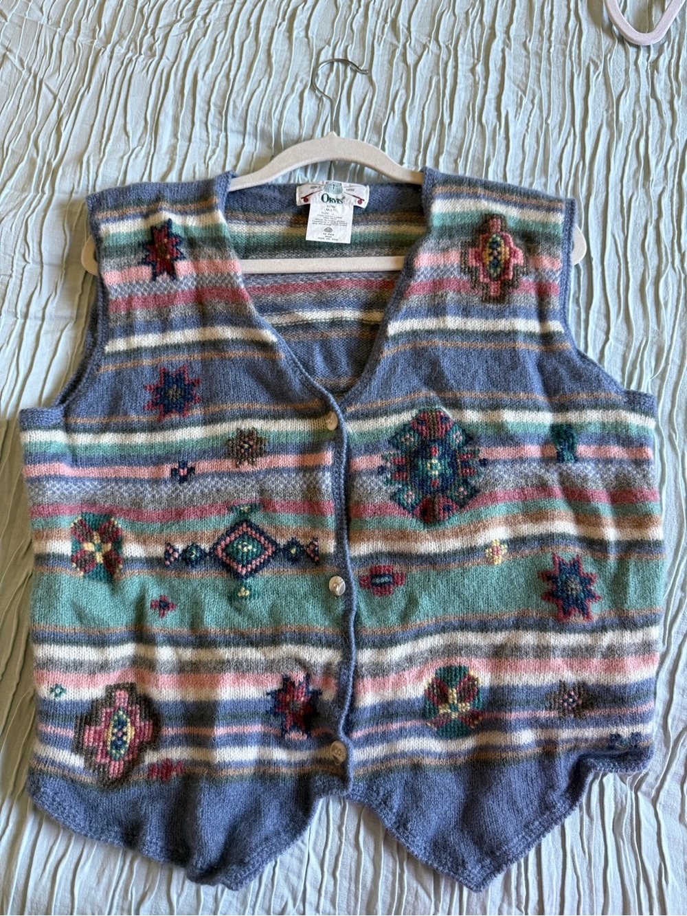 100% wool Orvis Multicolor Striped V-Neck Knit Vest in Blue, Teal, Pink, Cream